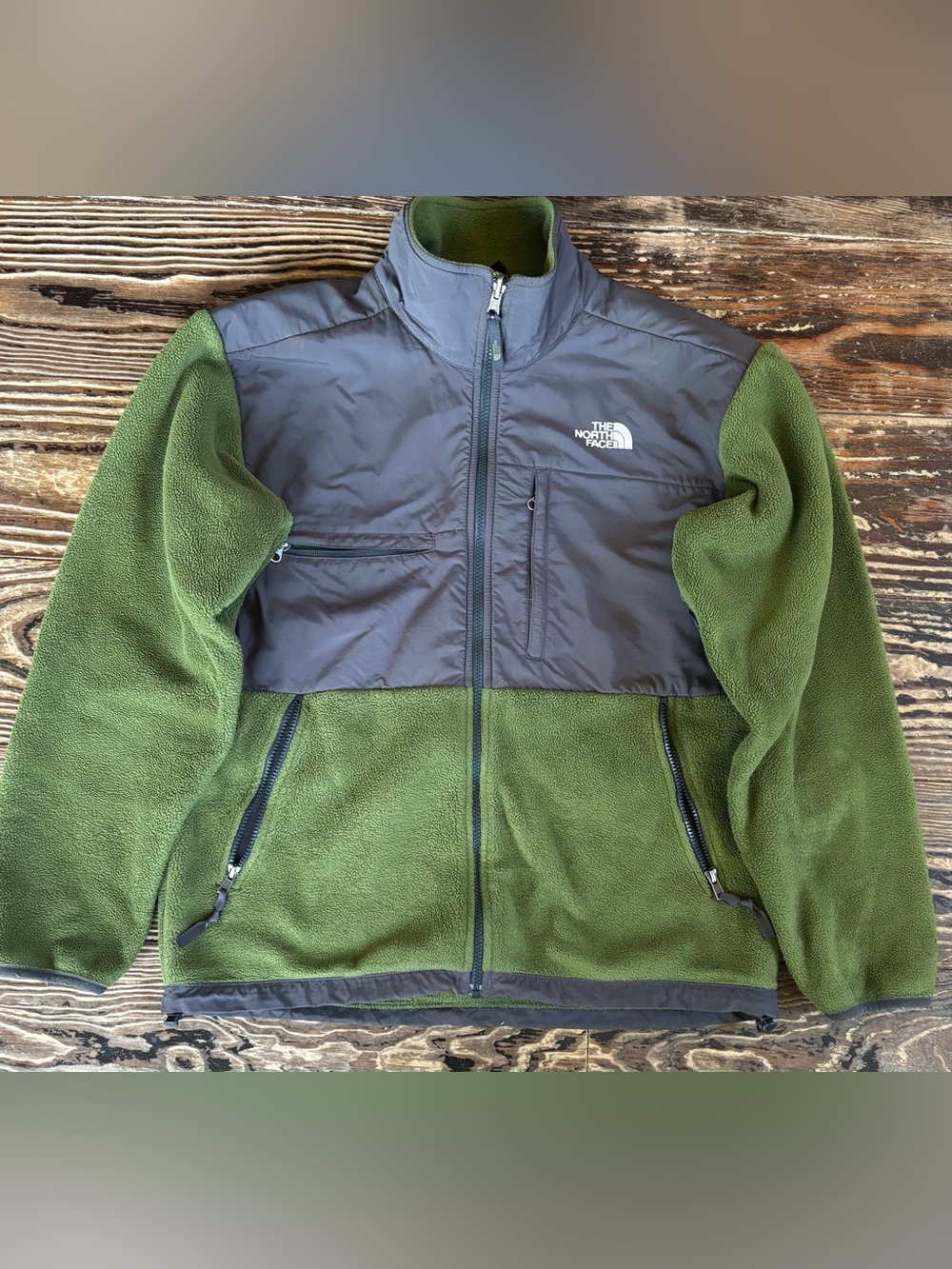 The North Face Olive Green Fleece Jacket with Gray Yoke